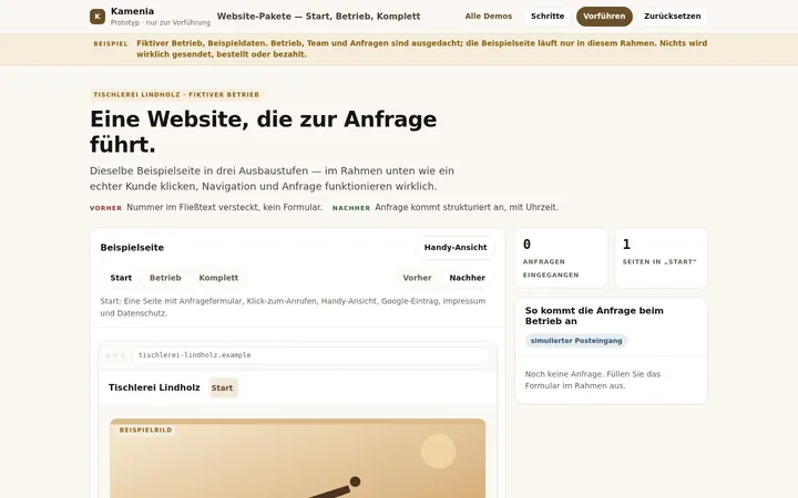 Beispielseite einer erfundenen Tischlerei: eine Seite mit Leistungen, Anfrage und Google-Eintrag.