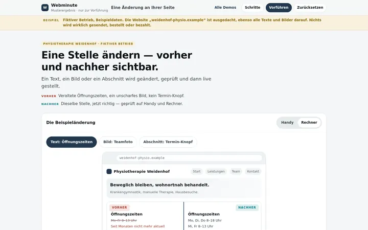 Beispiel am Computer: Eine Änderung an Ihrer Seite für einen erfundenen Betrieb.