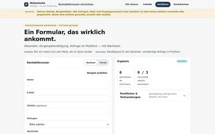 Beispiel am Computer: Kontaktformular einrichten für einen erfundenen Betrieb.