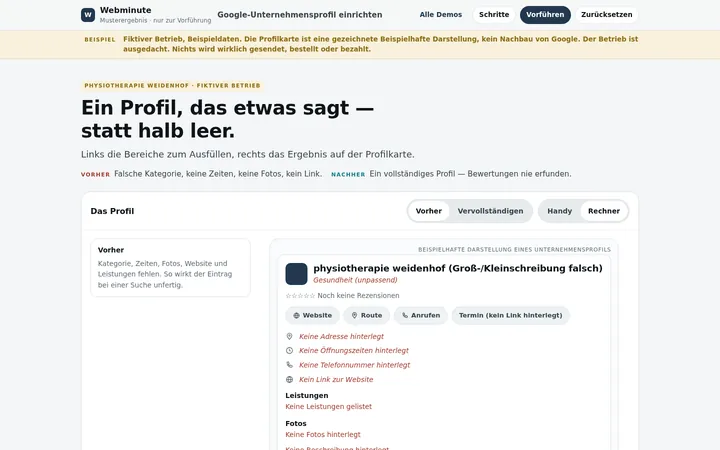 Beispiel am Computer: Google-Unternehmensprofil einrichten für einen erfundenen Betrieb.